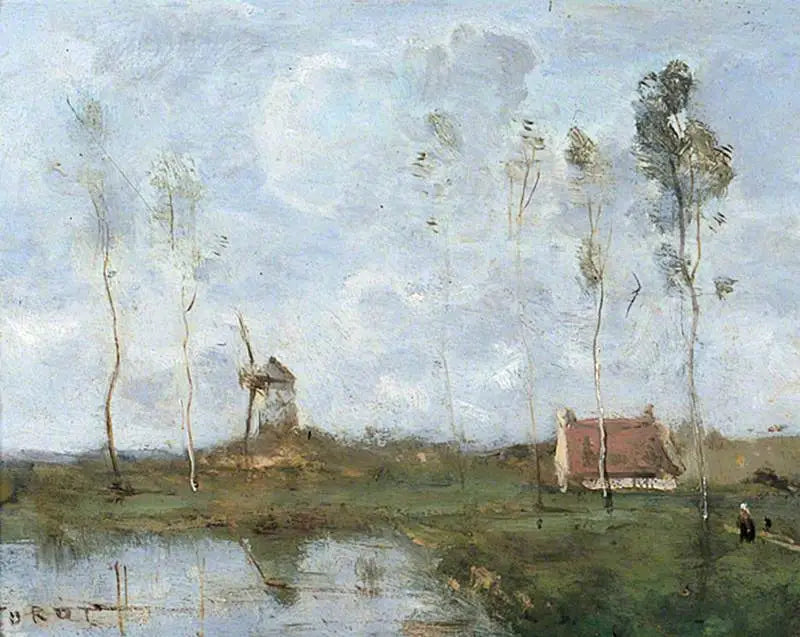 Maisemakuva mökin ja tuulimyllyn kanssa - Jean-Baptiste Camille Corot