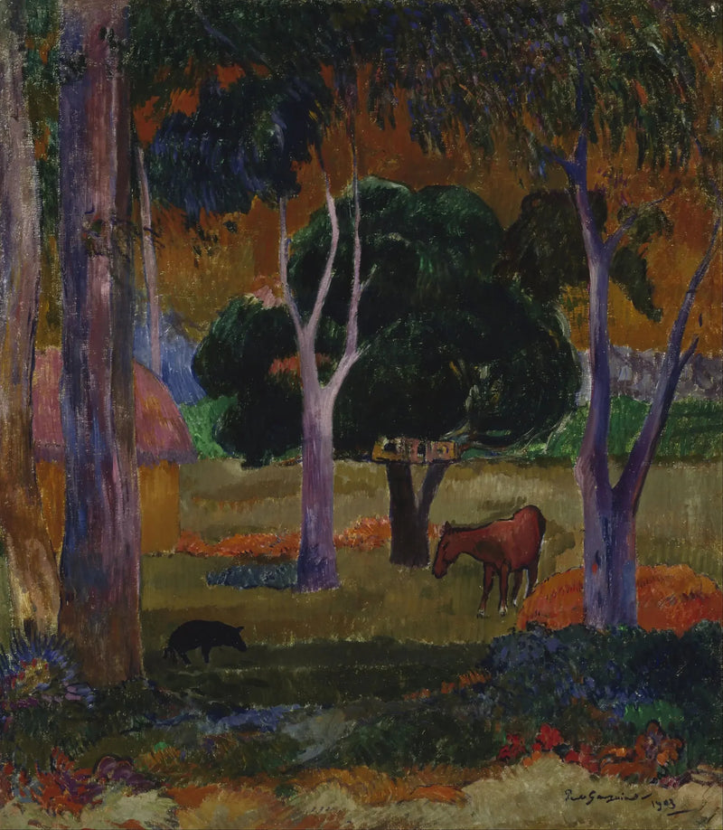 Maisema sian ja hevosen kanssa - Paul Gauguin