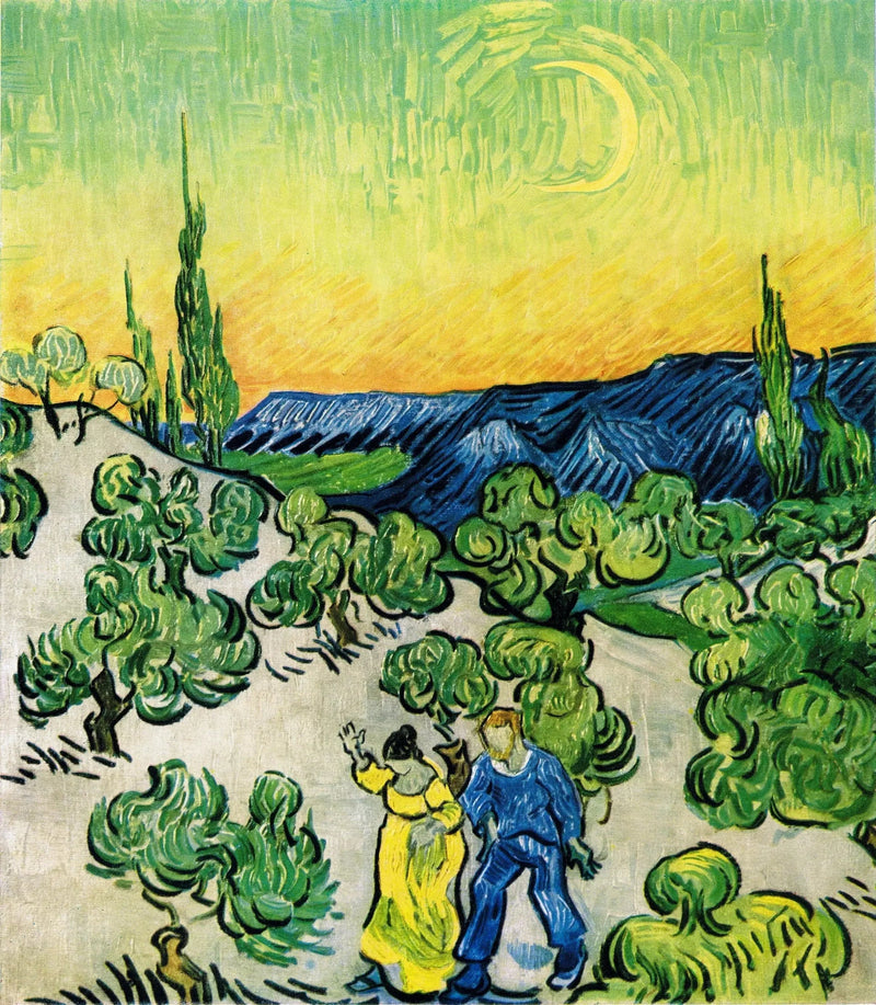 Maisema pariskunnan kävelyllä ja kuunsirppi - Vincent van Gogh
