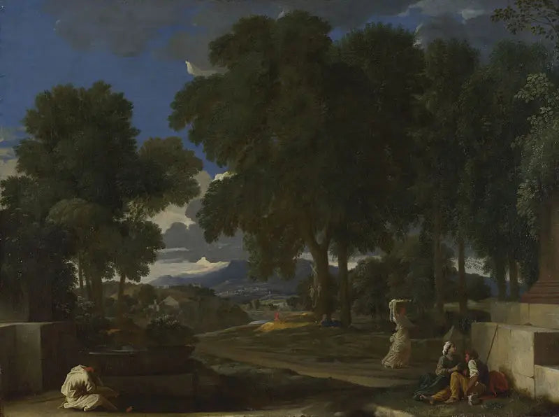 Maisema miehen peseytymässä jalkojaan - Nicolas Poussin