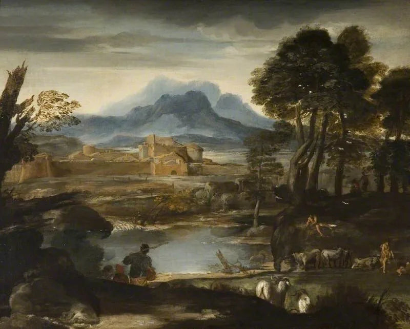 Maisema järven ja linnoitetun kaupungin kanssa - Pietro da Cortona