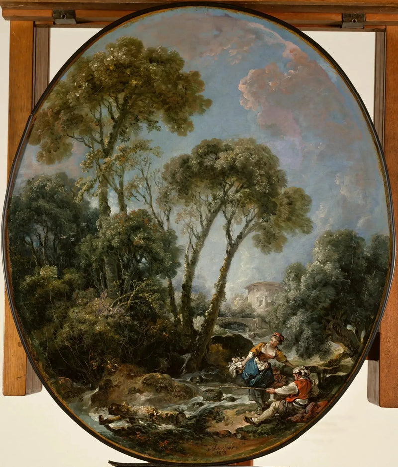 Maisemakuva kalastajan ja nuoren naisen kanssa - François Boucher