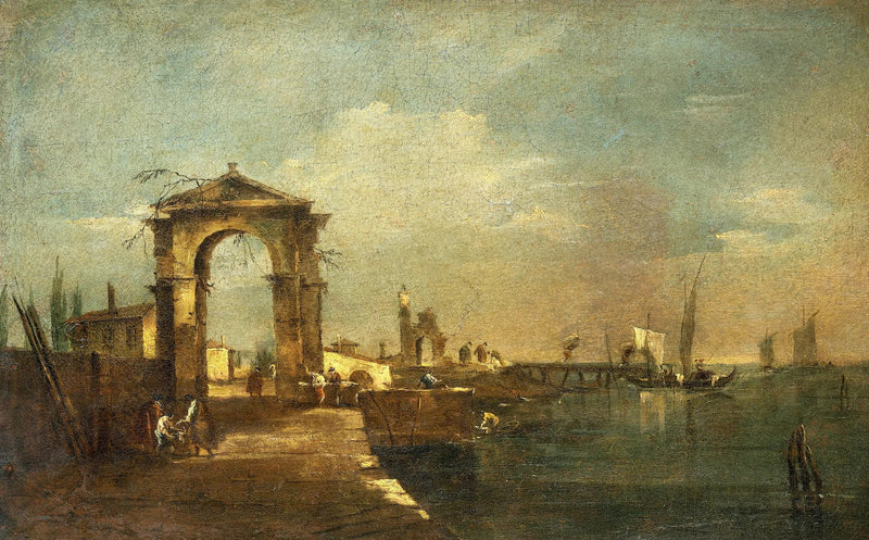 Maisema laiturin ja veneiden kanssa järvellä - Francesco Guardi