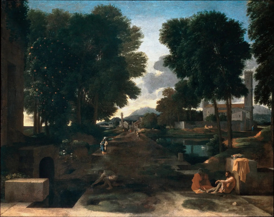 Maisemakuva matkustajan levossa - Nicolas Poussin