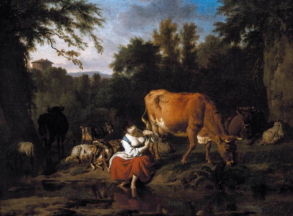 Paysage avec une bergère et son bétail sur la rive d'un ruisseau - Adriaen van de Velde image 1 copie peinte à la main à l’huile