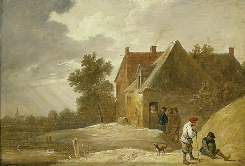 Maisema maatilan ja ihmisten kanssa joen rannalla - David Teniers nuorempi