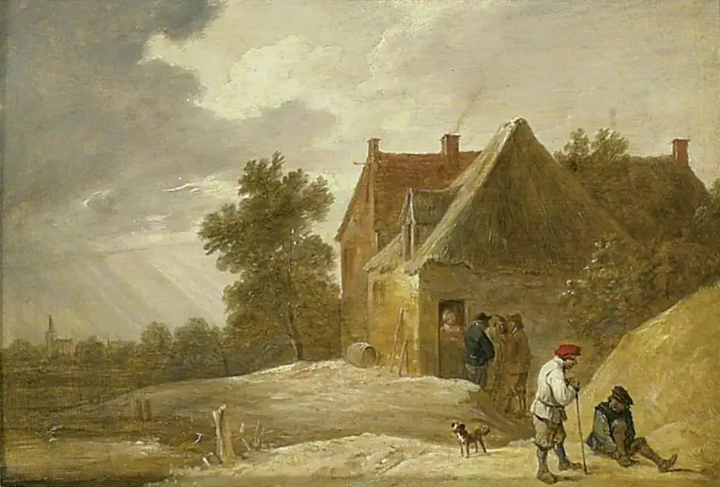Maisema maatilan ja ihmisten kanssa joen rannalla - David Teniers nuorempi