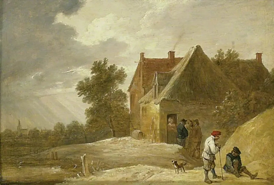 Maisema maatilan ja ihmisten kanssa joen rannalla - David Teniers nuorempi