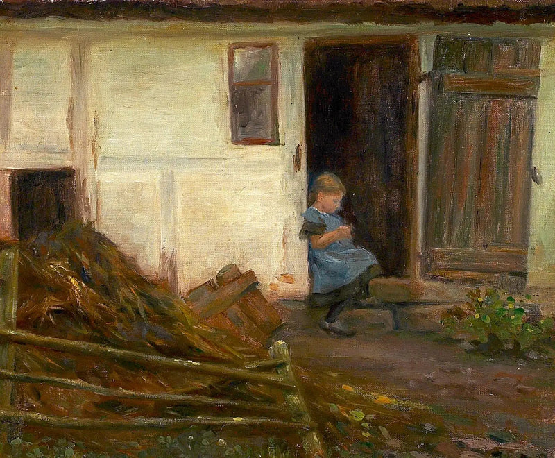Maisema, jossa tyttö oven edessä. - H. A. Brendekilde