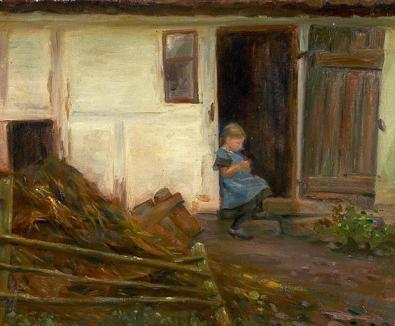 Maisema, jossa tyttö oven edessä. - H. A. Brendekilde