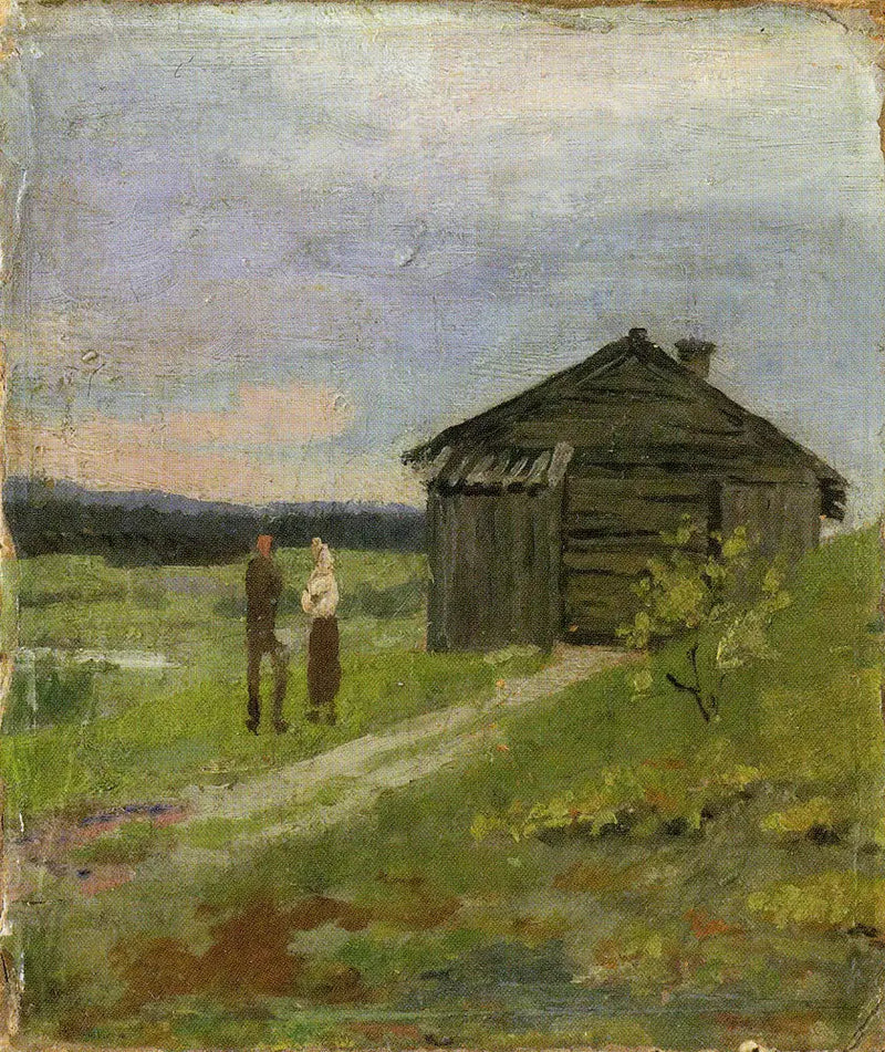 Maisema pienen talon ja kahden ihmisen kanssa - Edvard Munch