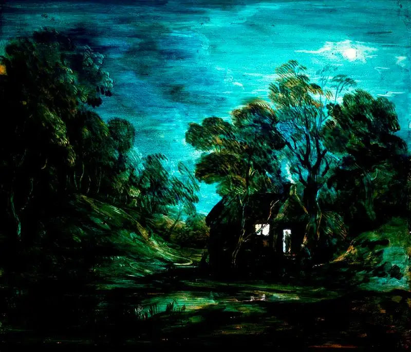 Metsäinen maisema kuutamossa, jossa uima-allas ja siluetti mökin ovella - Thomas Gainsborough