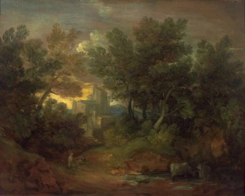 Metsäinen maisema rakennuksella - Thomas Gainsborough