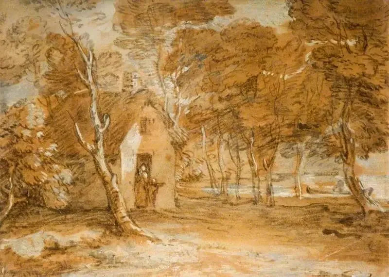 Metsäinen maisema mökki, hahmoja ja vene järvellä - Thomas Gainsborough