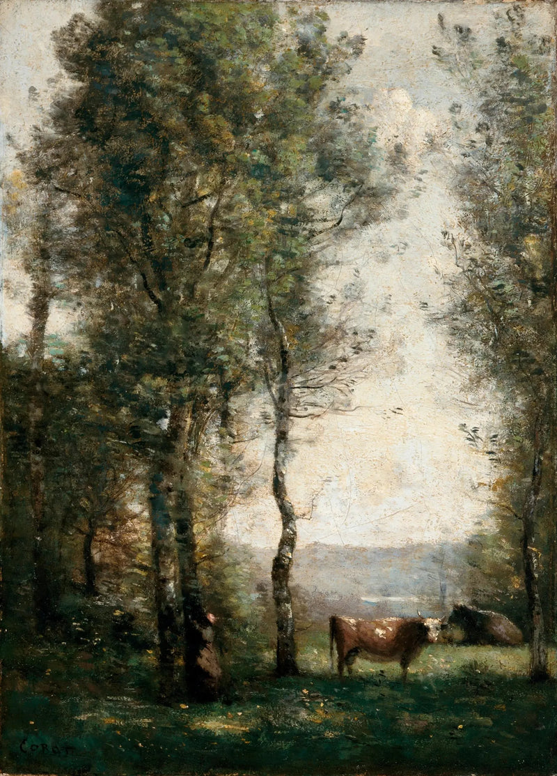 Metsäinen maisema lehmäineen aukealla - Jean-Baptiste Camille Corot