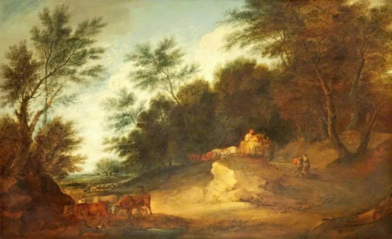 Metsäinen maisema hahmojen kanssa maalaistolpan ja karjan kanssa - Thomas Gainsborough