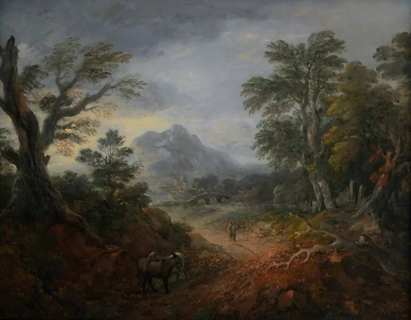 Metsäinen maisema hahmoilla, silta, aasit, kaukana olevat rakennukset ja vuori - Thomas Gainsborough