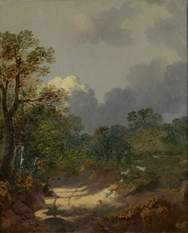 Metsäinen maisema paimenella levossa aurinkoisella tiellä lampaineen - Thomas Gainsborough