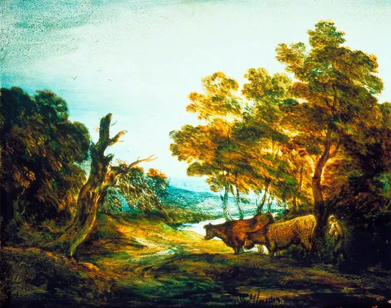 Metsäinen maisema paimenella ja kahdella lehmällä - Thomas Gainsborough