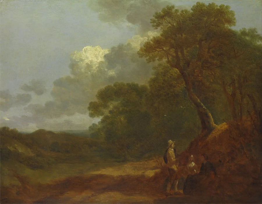 Metsäinen maisema, jossa mies puhuu kahdelle istuvalle naiselle - Thomas Gainsborough