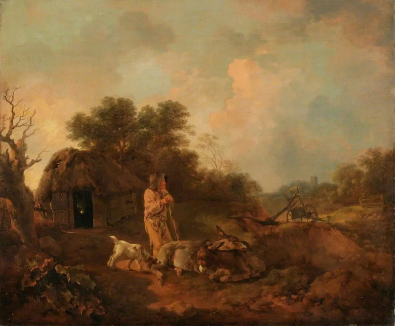 Metsäinen maisema vanhan maanviljelijän ja aasit kanssa ulkona latojen, muokkausvarsi ja kirkko kaukana - Thomas Gainsborough