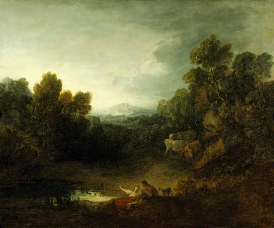 Metsäinen kallioinen maisema rustiikkisten rakastavaisien kanssa uima-altaan rannalla - Thomas Gainsborough