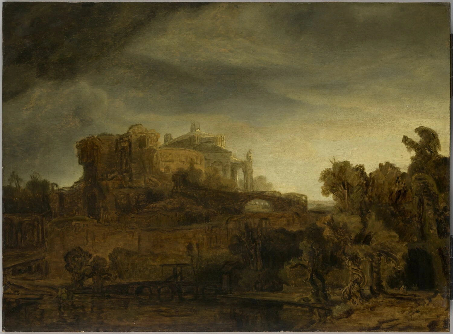 Paysage au château, vue imaginaire — Rembrandt, vers 1640–1642, musée du Louvre