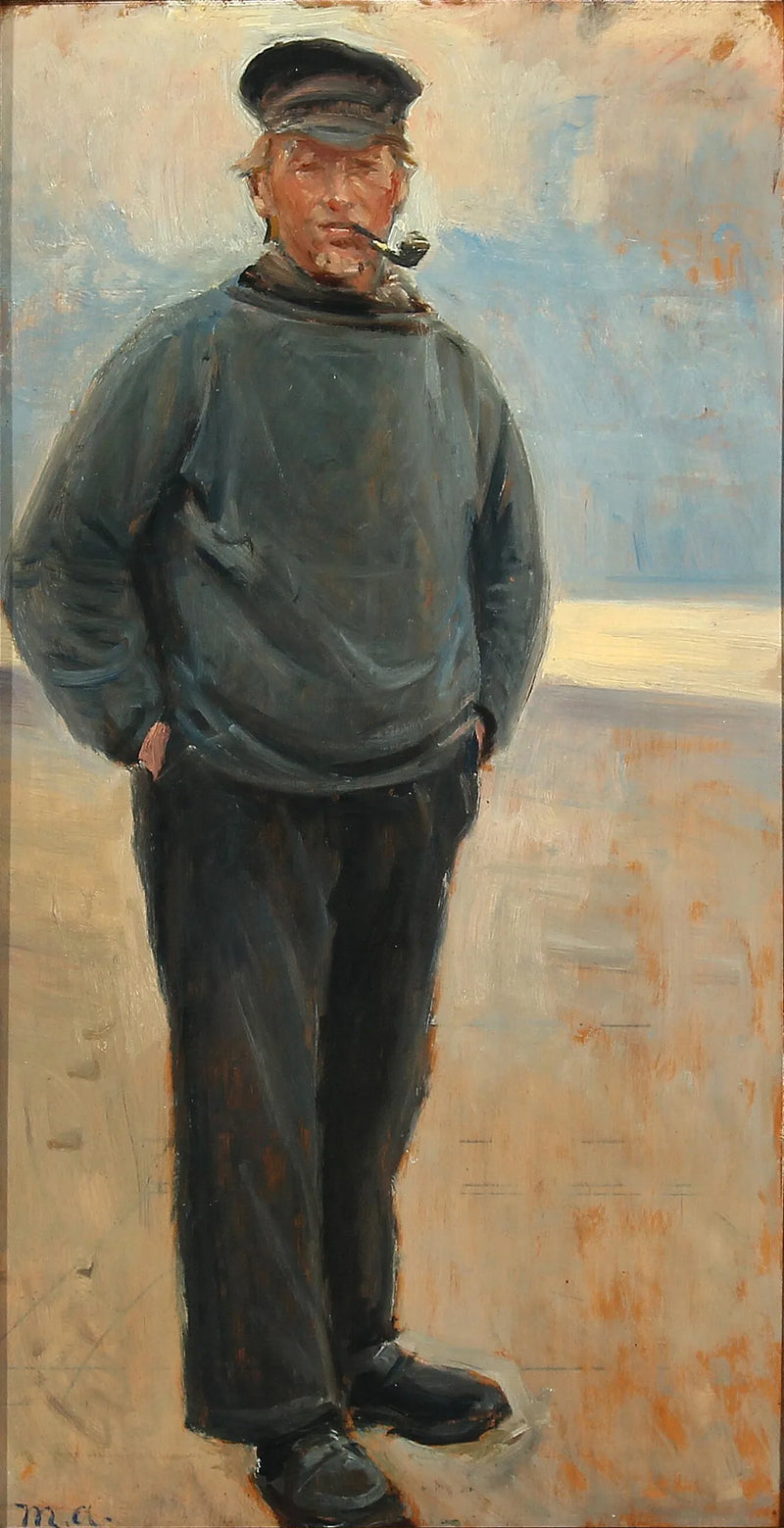 Rannikkomaisema, jossa kalastaja polttelee piippuaan. - Michael Peter Ancher