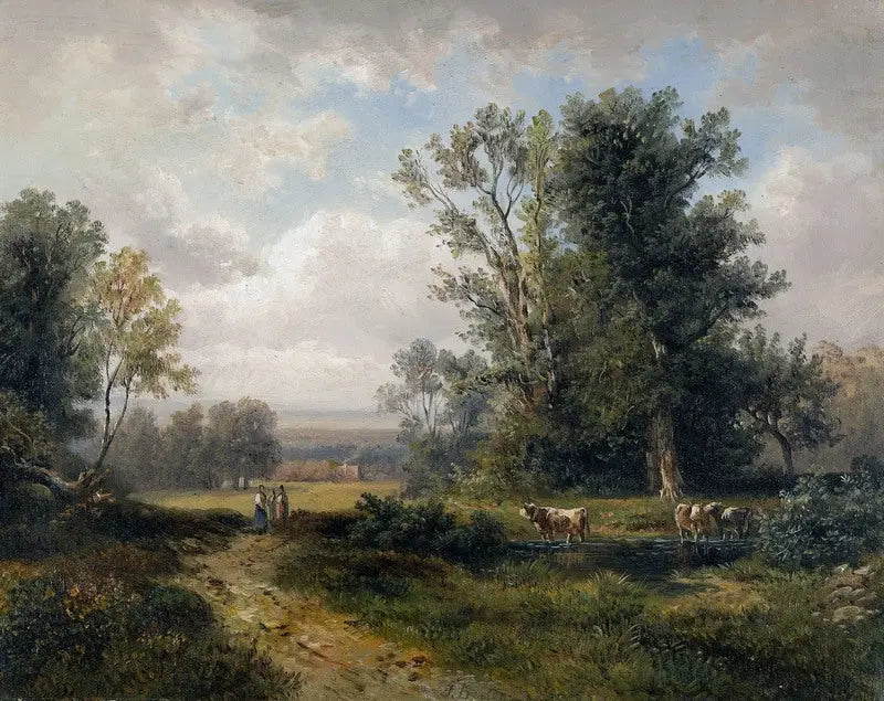 Kesämaisema naisviljelijöiden ja lehmien kanssa - Jules Breton