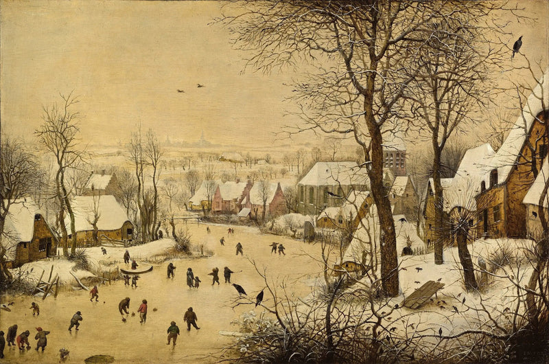 Talvimaisema luistelijoiden ja lintuhäkkien kanssa - Pieter Brueghel vanhempi