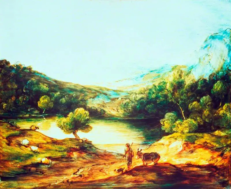 Metsäinen korkealaatuinen maisema paimenella, aasi ja hajallaan olevia lampaita, järvi ja kylä kaukana - Thomas Gainsborough