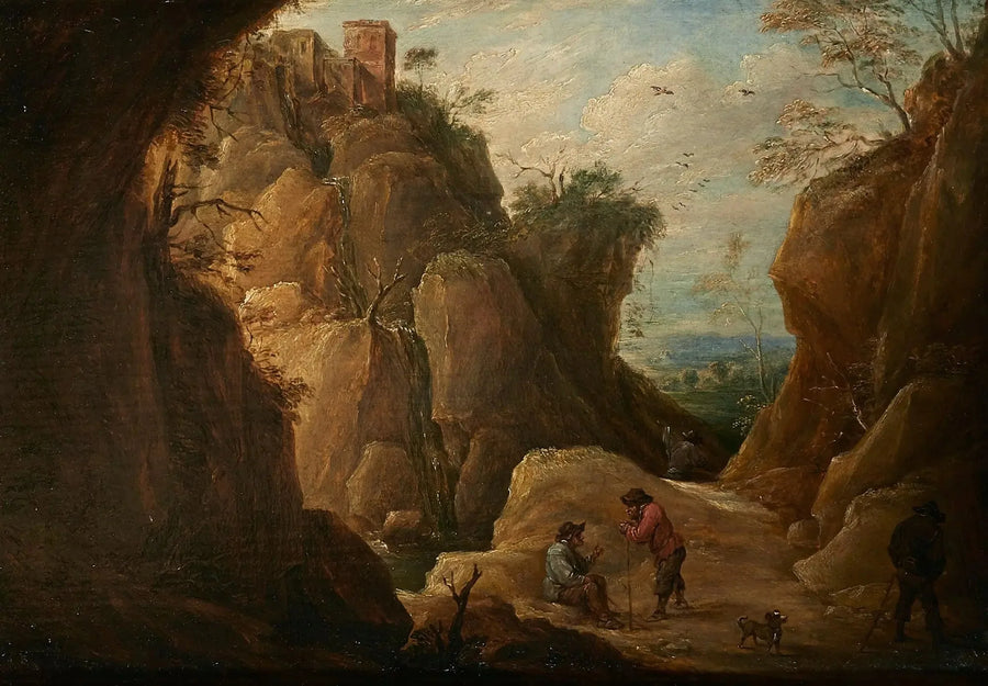 Vuoristomaisema matkailijoiden kanssa - David Teniers nuorempi