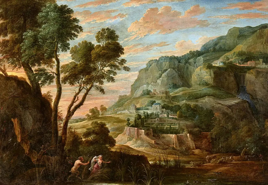 Panoraamainen vuoristomaisema Pan ja Syrinx - David Teniers nuorempi