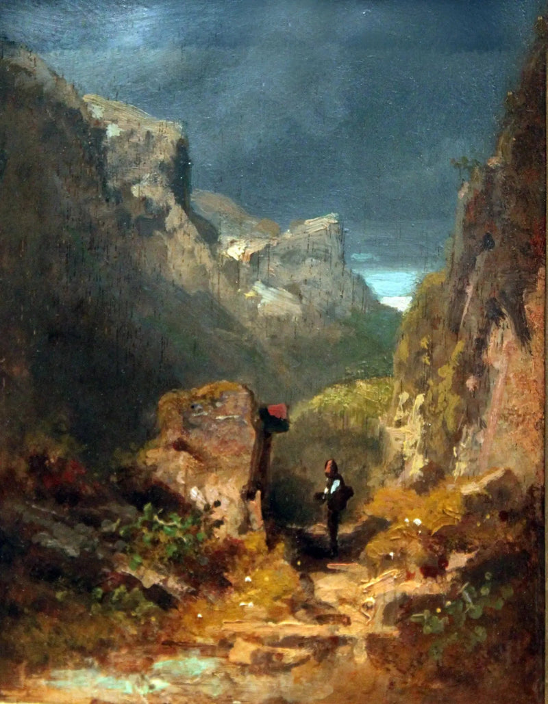 Vuoristomaisema reliikkikirstun kanssa kalliolla - Carl Spitzweg