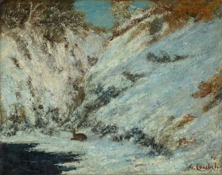 Lumimaisema Jura-vuoristossa, jossa on valkohäntäkauris - Gustave Courbet