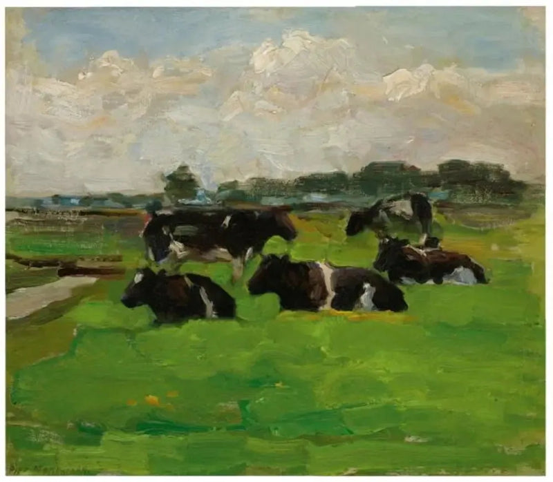 Alankomaiden maisema viiden lehmän kanssa - Piet Mondrian