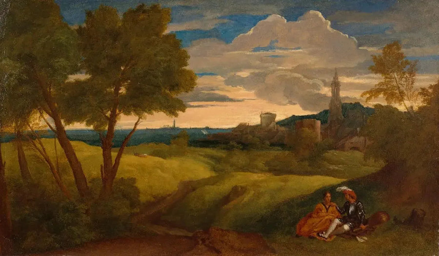 Ilta maisema pariskunnan kanssa - Titian