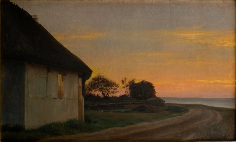 Ilta maisemakuva talon ja puutarhan kanssa meren rannalla. Ellekilde - Carl Heinrich Bloch