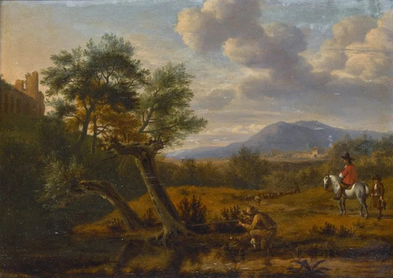Paysage du Sud avec un homme tirant au bord d'un étang, un gentleman à cheval avec un garçon, et un berger avec son troupeau au loin. - Adriaen van de Velde image 1 reproduction réalisée par Alpha Reproduction