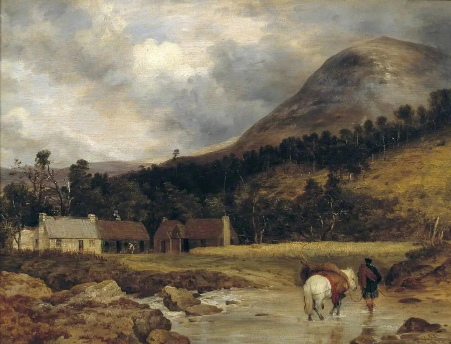 Skottilainen maisema: Hirven saapuminen (henkilö ja eläimet Sir E. Landseeriltä) - Edwin Henry Landseer