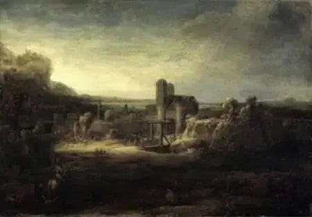 Maisema kirkon kanssa - Rembrandt