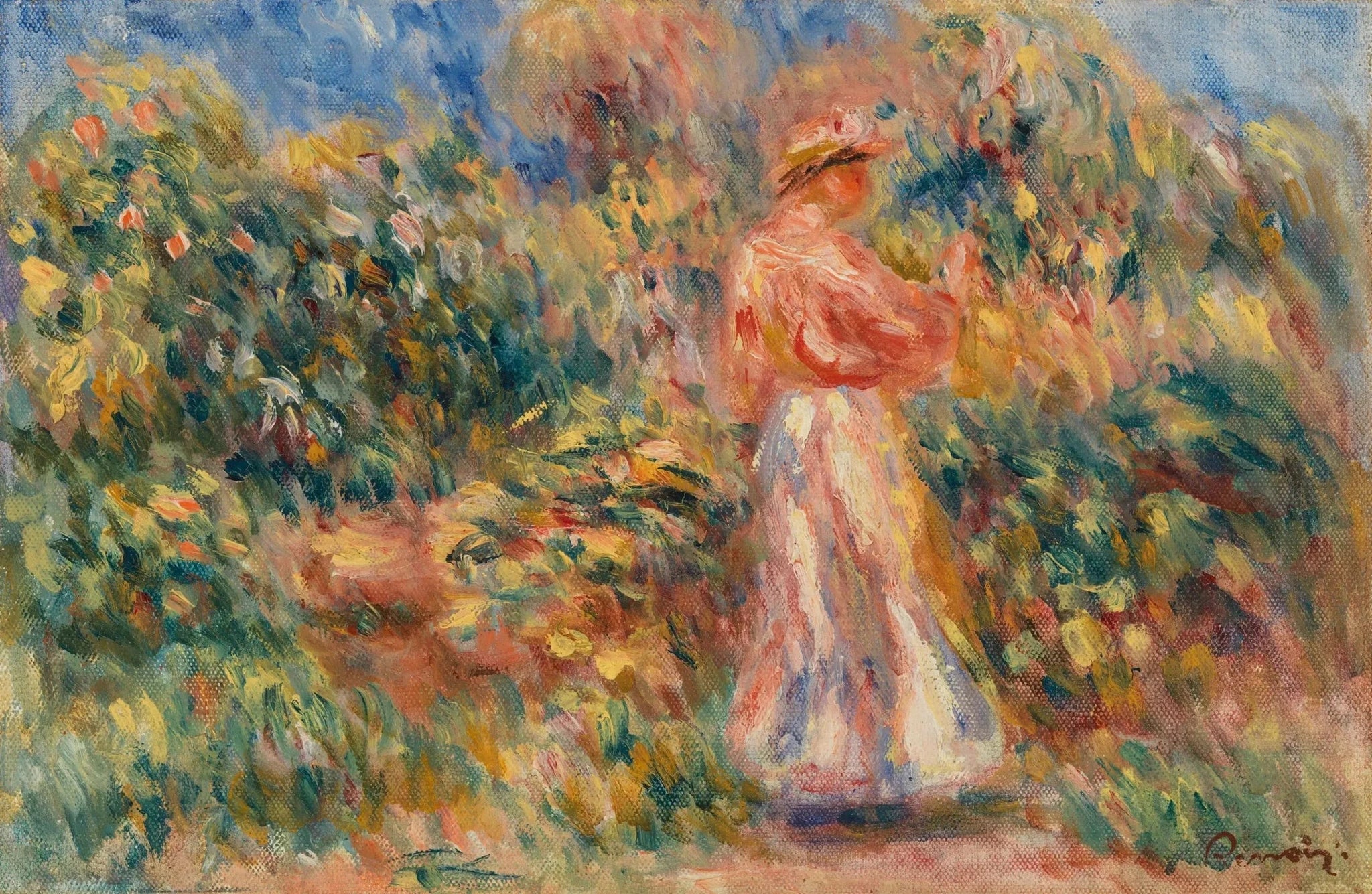 Paysage avec femme en rose et blanc de Renoir, 1916, Barnes Foundation BF922 – reproduction peinture à l’huile sur toile