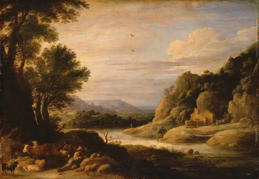 Joki maisema paimenineen ja laumoineen levossa - David Teniers nuorempi
