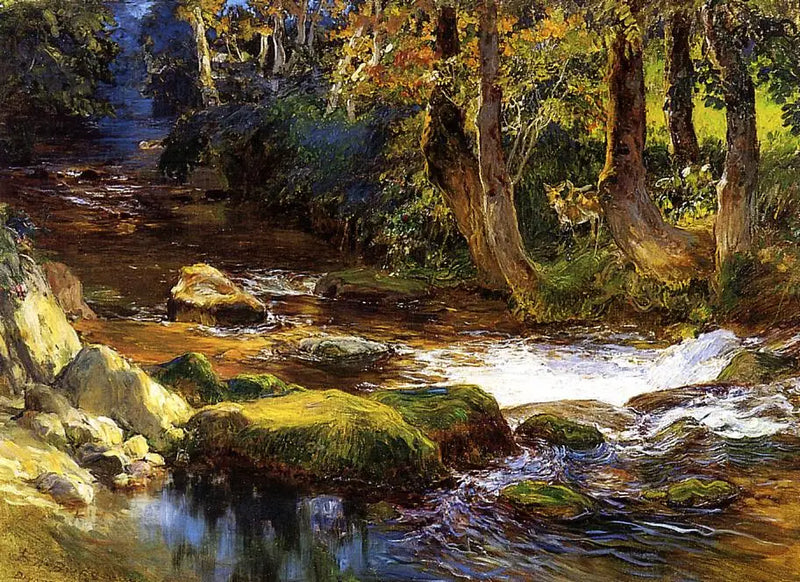 Joki maisema kauriiden kanssa - Frederick Arthur Bridgman