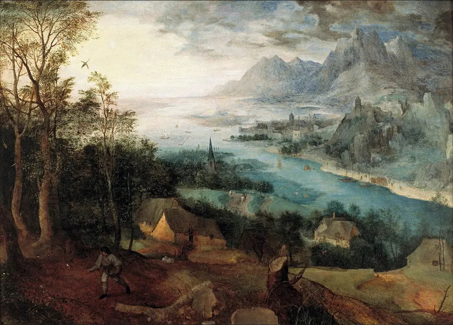 Joki maisema siemenen heittävän paraboolilla - Pieter Brueghel vanhempi