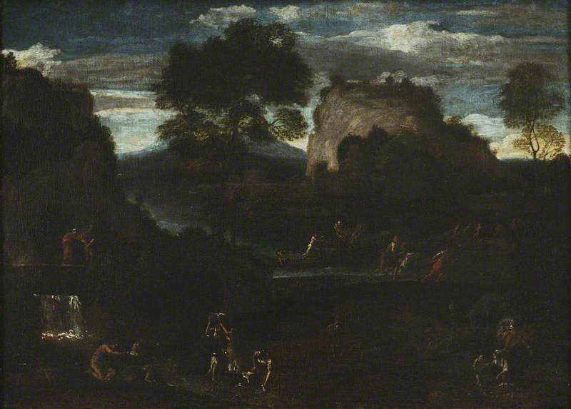 Joki maisema kalastajien ja pesijöiden kanssa - Domenichino