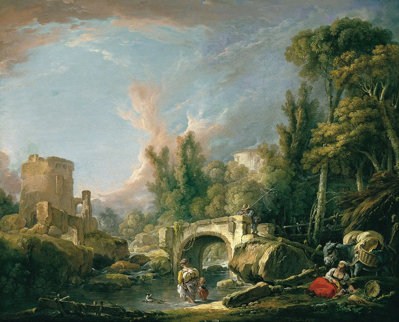 Joki maisema raunioineen ja sillan kanssa - François Boucher