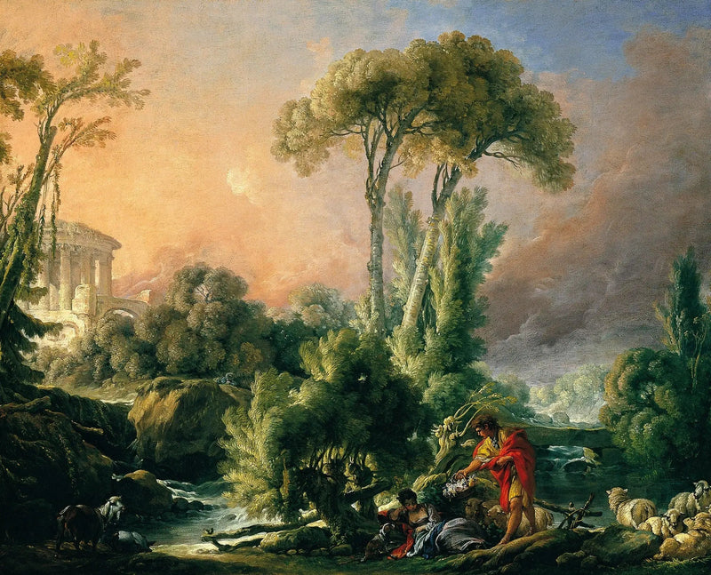 Joki maisema antiikin temppelillä - François Boucher