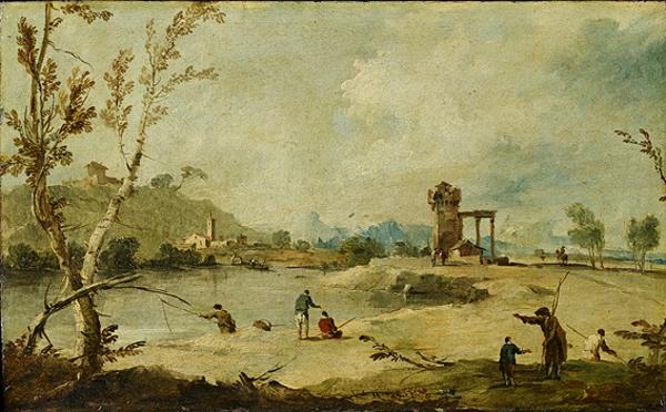 Joenmaisema raunioituneen tornin ja kaukaisen kylän kanssa - Francesco Guardi