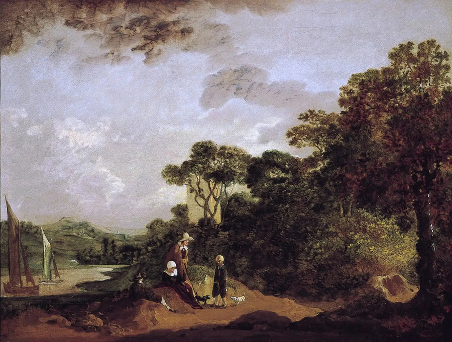 Vesistömaisema metsän ympäröimänä, jossa lehmät lepäävät ja kirkontorni - Thomas Gainsborough